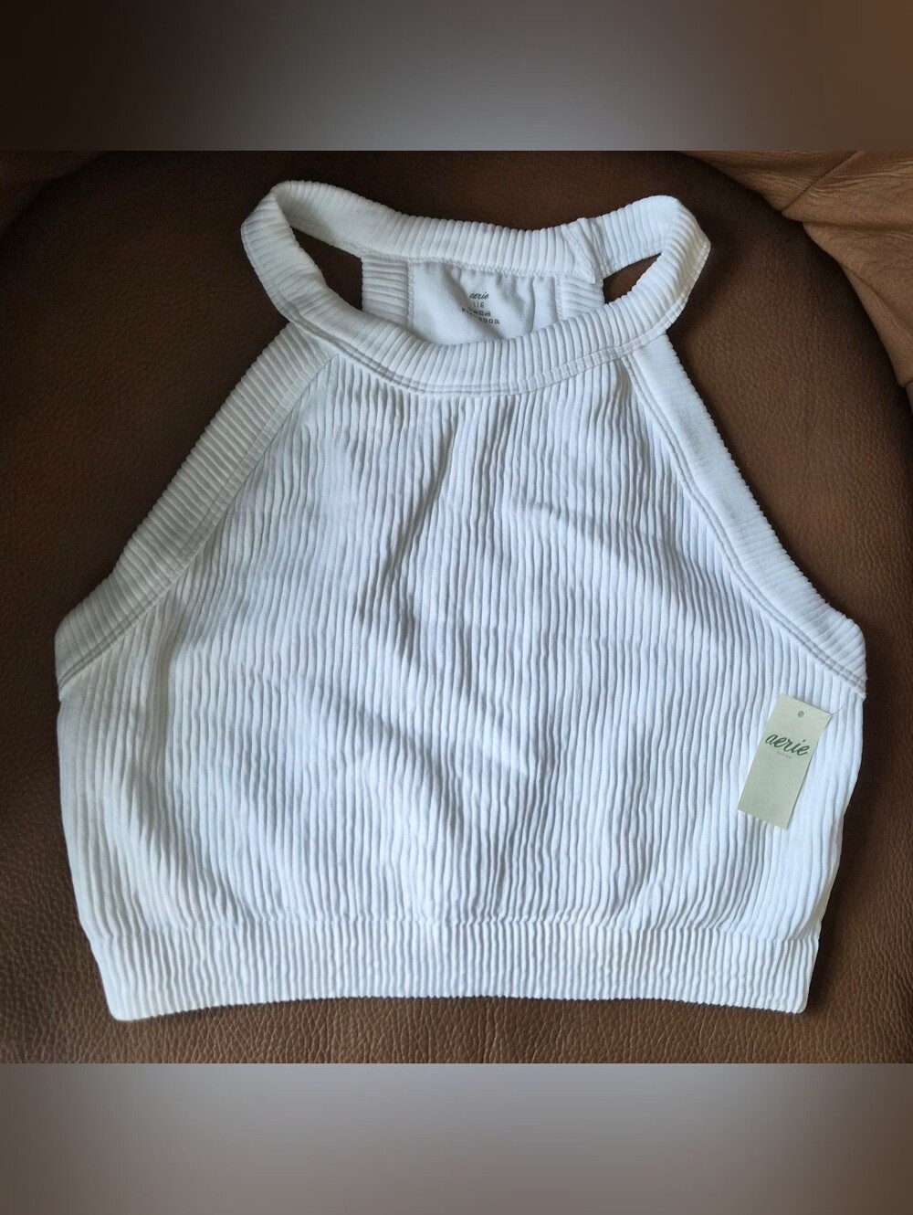 *NWT* Aerie - White Ribbed Halter Crop Bra Top, Size Large